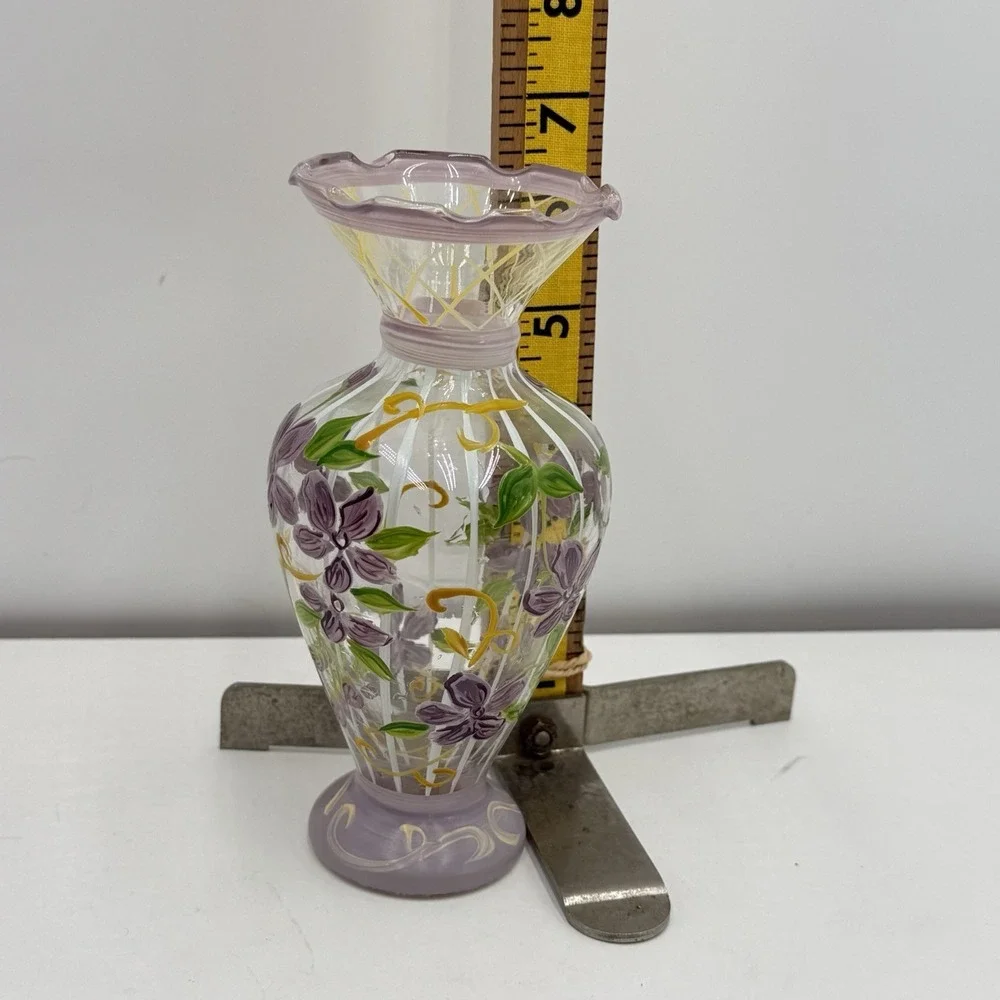 Tracy Porter Hand Painted Glass Purple Floral Bud Vase Ruffled Edge 6.5